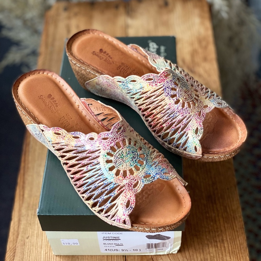 Spring Step Justinie Leather Slide Sandal Die-Cut Design Colorful New In Box!